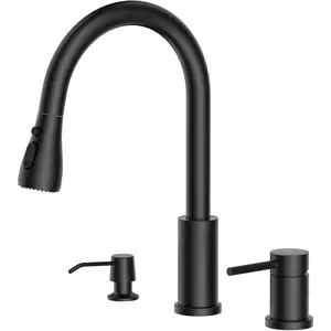 3 Hole Kitchen Faucet with Pull Down Sprayer - Matte Black, S304 Stainless Steel High Arc, CUPC Certified Hoses, Separate Handles, Includes Soap Dispenser and 3  Modes for 2-3 Hole Sinks