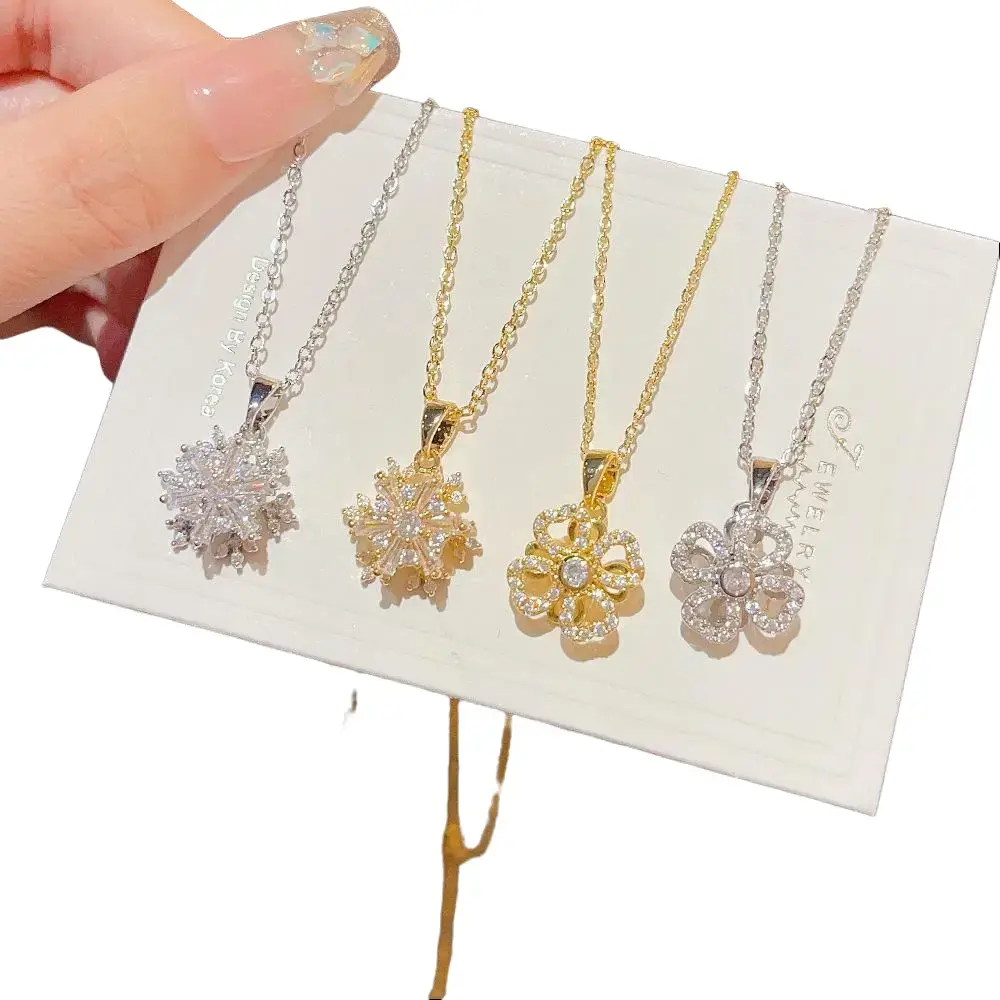 Gold Silver Plated Dainty Thin Chain Cubic Zirconia Snowflake Four Leaf Clover Pendant Necklace Elegant Lucky Winter Floral Jewelry Gift For Women Girls