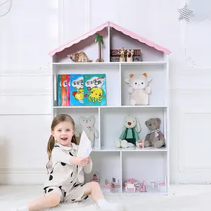 Children’s toy dollhouse with book storage compartment.