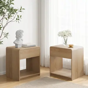 Mid-century modern bedside table set, 2 pieces, with storage drawers and open shelves, bedroom side table with rounded corners, compact bedside table set, oak color