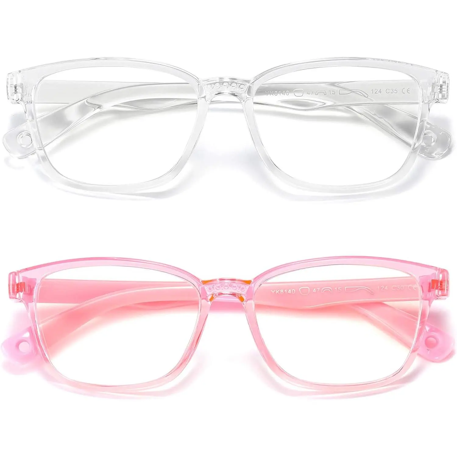Kids' Glasses 2 Pack, Classic Design Flexible Plastic Frames for Boys & Girls Ages 3-9, Anti-Eyestrain Blue Light Blocking for Gaming, Computer & Fishing (Clear + Pink)
