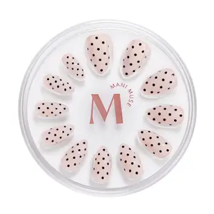 Mani Muse Spotted Past Midnight – Nude Press-On Nails with Black Polka Dots, Reusable Short Oval Glue-On Set