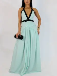 Mint Green Deep Plunge V-neck Halter Maxi Dress