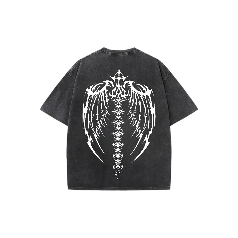 Gothic Winged Skeleton Graphic Vintage Washed Cotton T Shirt Mens Oversized Streetwear Crew Neck Short Sleeve Tee for Daily Wear Punk Rock Casual Outfit Hip Hop Y2K Retro Print Urban Style Breathable Soft Comfort Fit Edgy Aesthetic Top