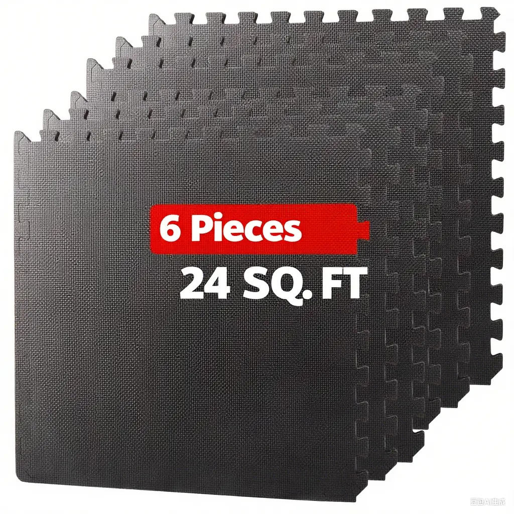 AnswerE High-Density EVA Exercise Equipment Mats 6-Pack - 6 Tiles, 0.5in Thick, 24.8”x24.8”, Lightweight, 24 Sq. Ft Coverage, Durable Cushioned Black Flooring, Home Yoga/Fitness Workout Equipment Accessory