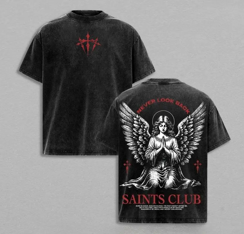 valentine shirts Saints Club Angel Tee | Never Look Back Vintage Washed T-Shirt /Sweatshirt / Hoodie | Faith and Redemption Streetwear | Praying Angel Graphic Christian Tee | Jesus Apparel Christian Bible Verse Casual Round Neck