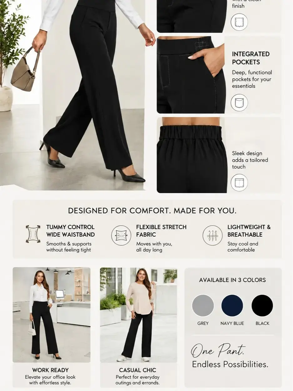 Women's High Waisted Wide Leg Pants Pockets Stretchy Pull On Dress Yoga Pants Comfortable Straight Leg Casual Work Business Soft Flowy Travel Daily Office 2026