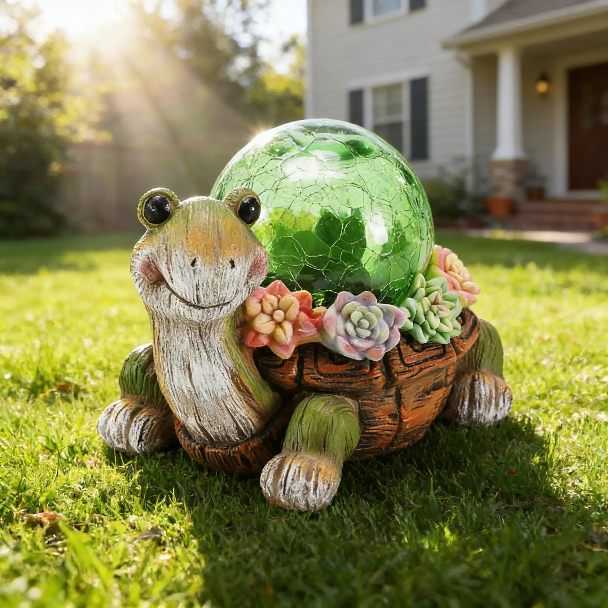 Solar Resin Turtle Garden Statue with Succulent, LED Light, 2.7 Inches Size, Outdoor Waterproof Tortoise Figurine Decor for Lawn Patio, Automatic Power Off Feature, Ideal Birthday Gift for All Ages