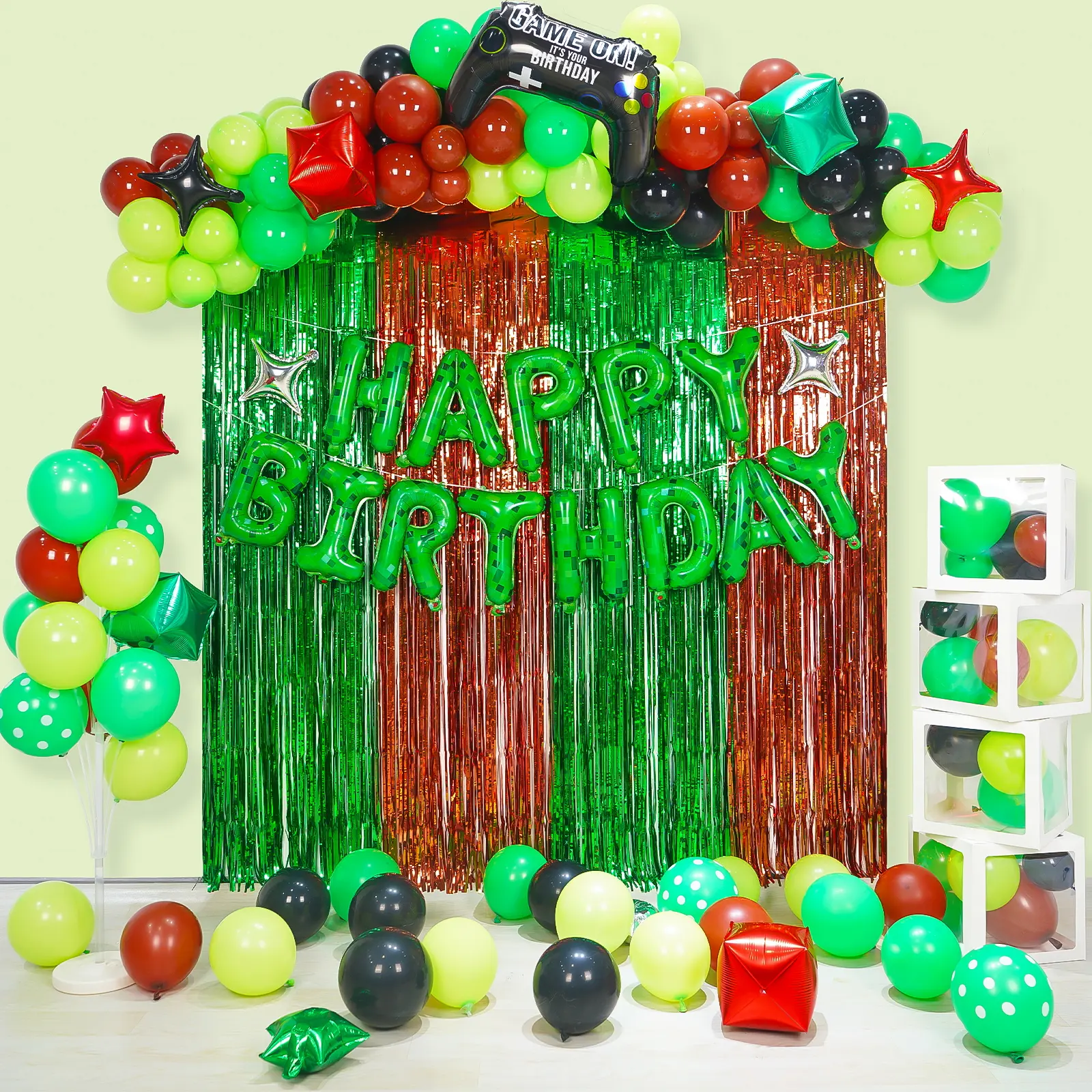 Pixel Balloons Arch Kit Birthday Decorations Party Supplies, with Happy Birthday Banner Metallic Curtain Wall Decor, Miner Theme