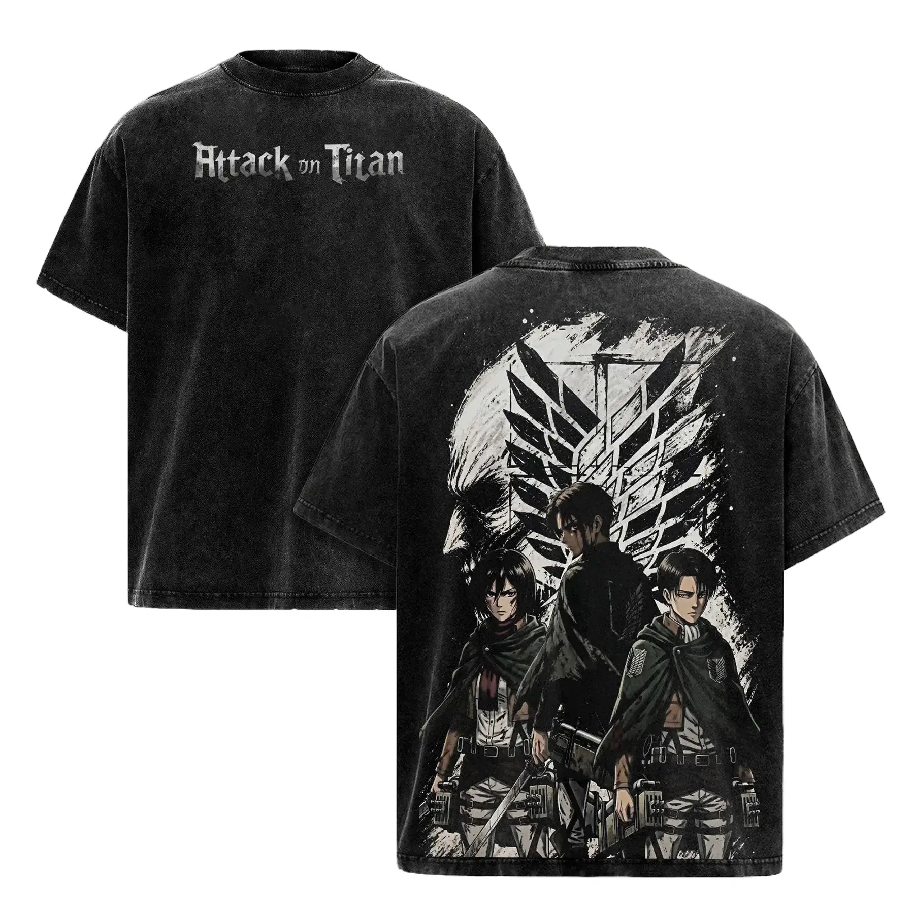Vintage Attack on Titan Graphic Tee - Survey Corps Anime Shirt with Eren, Levi & Mikasa. Premium Acid Wash Streetwear Top for Otaku & Shingeki no Kyojin Fans. Oversized Y2K Manga Clothing, Perfect Gift for Weebs & Anime Lovers. Trendy US Fashion Fits.