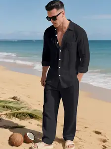 Men's Spring Summer Linen Set, Flap Pocket Drawstring Pants, American Casual Style, Breathable Skin-Friendly Two-Piece Suit