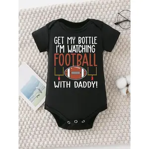 Cute Baby Bodysuit With Get My Bottle Im Watching Football With Daddy Print Soft Versatile Round Neck Button Detail Regular Fit All Seasons Knitted Fabric Onesie For 0-12 Months