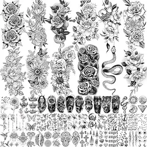 59 Sheets Sexy 3D Rose Flower Temporary Tattoos For Women Girls Arm Neck, Snake Floral Sunflower Leaf Peony Fake Tattoo Sticker Adult, Black Realistic Temp Tatoos Moon Dandelion Butterfly Thigh