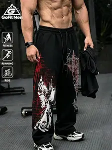 Men's Gothic Angel Cross Print Sport Pants, Soft Breathable Fabric, Elastic Waist, Drawstring, Straight Leg, Side Pockets, Casual & Gym Wear