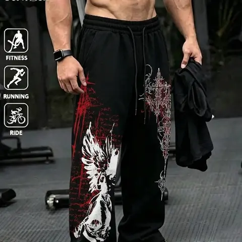 Men's Gothic Angel Cross Print Sport Pants, Soft Breathable Fabric, Elastic Waist, Drawstring, Straight Leg, Side Pockets, Casual & Gym Wear
