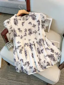 Women's Summer Plus Size Chiffon Shirt, Butterfly Landscape Floral Design, Layered Short Sleeves, Round Neck, Sweet and Comfortable