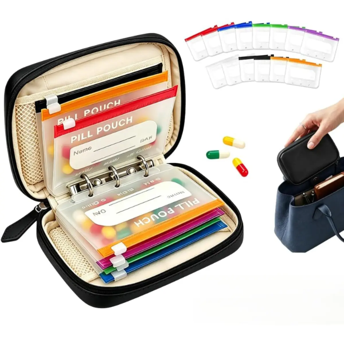 A8 Waterproof Pill Pouch Set Large Weekly Pill Organizer with 14 Color-Coded Medicine Pouches Reusable Travel Medicine Organizer Zippered Pill Storage for Fish Oils Vitamins
