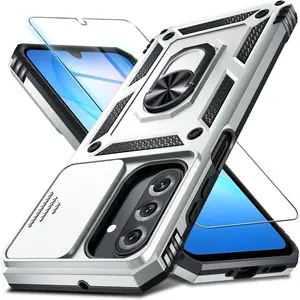 Janmitta Compatible with Samsung Galaxy A17 5G Case Built in Slide Camera Lens Cover+Screen Protector+Finger Ring Holder Kickstand,Heavy Duty Shockproof Full Body Phone Cover,Silver