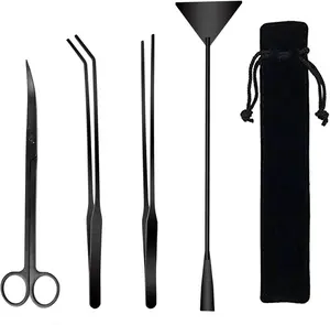 4-in-1 Stainless Steel Aquascaping Tool Set for Aquatic Plants - Scissors, Tweezers, and Spatula for Aquarium Starter Kits (Black)