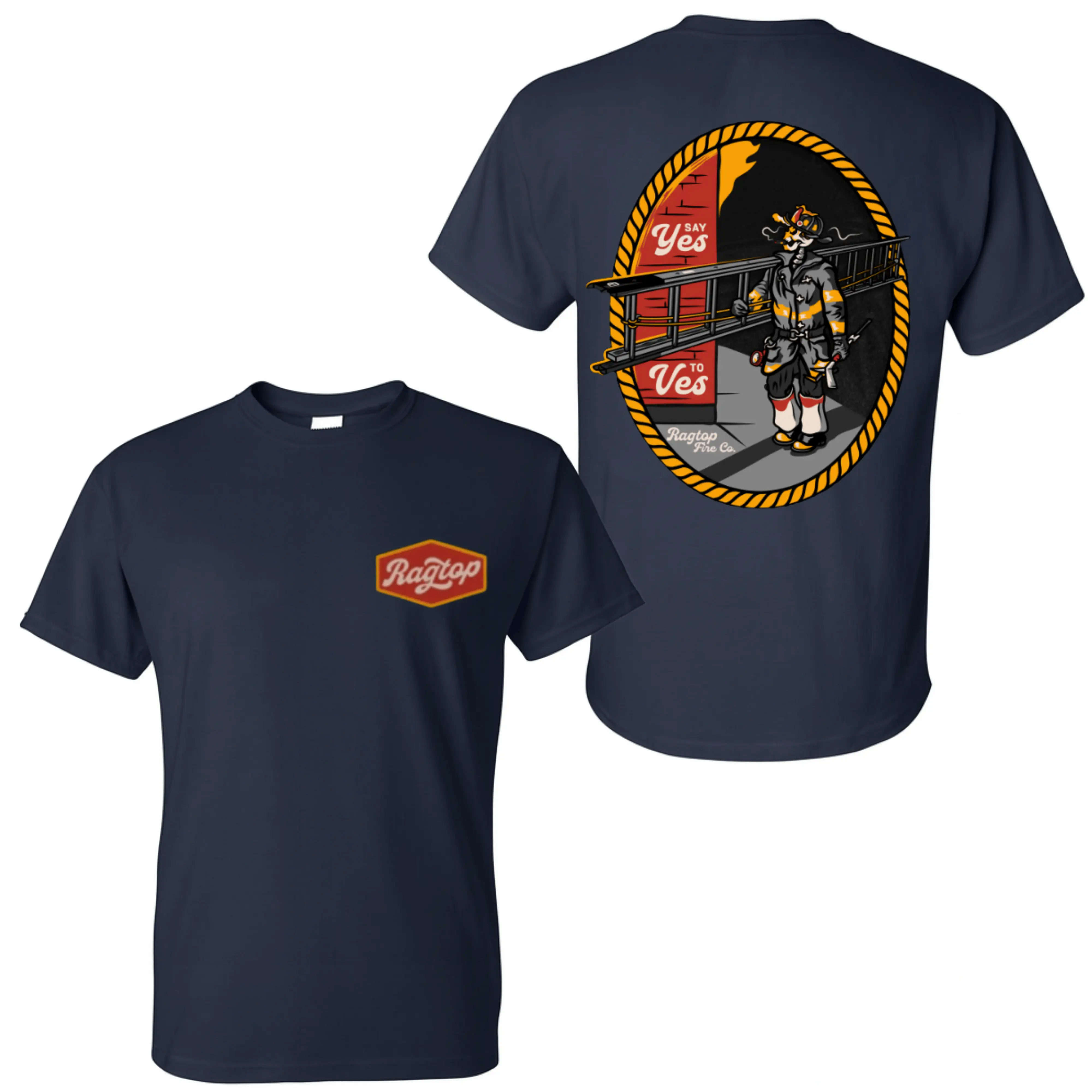 Say Yes To Yes Skeleton Ragtop Firefighter T-Shirt, 2 Sides, Skeleton Fireman Ladder Graphic Tee