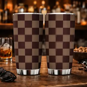 AuraCup 1pc 20oz Insulated Stainless Steel Tumbler with Lid and Straw, Leakproof Insulated Tumbler, Brown Checkerboard Pattern Vacuum Travel Cup, Reusable Cold Hot Drink Mug for Coffee Tea Water, Durable Daily Use Design, Gift Idea, Valentine’s Da