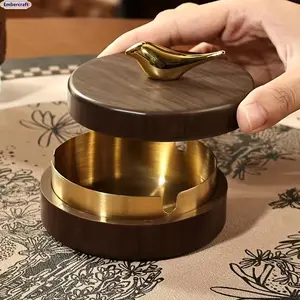 Windproof Odor-Sealing Ashtray with Lid - Luxury Modern Retro Creative High-End Home Ornament, Room Decor, Walnut Golden Bird Design Fashion Accessory for Home, Vehicle Use, Home Ornaments