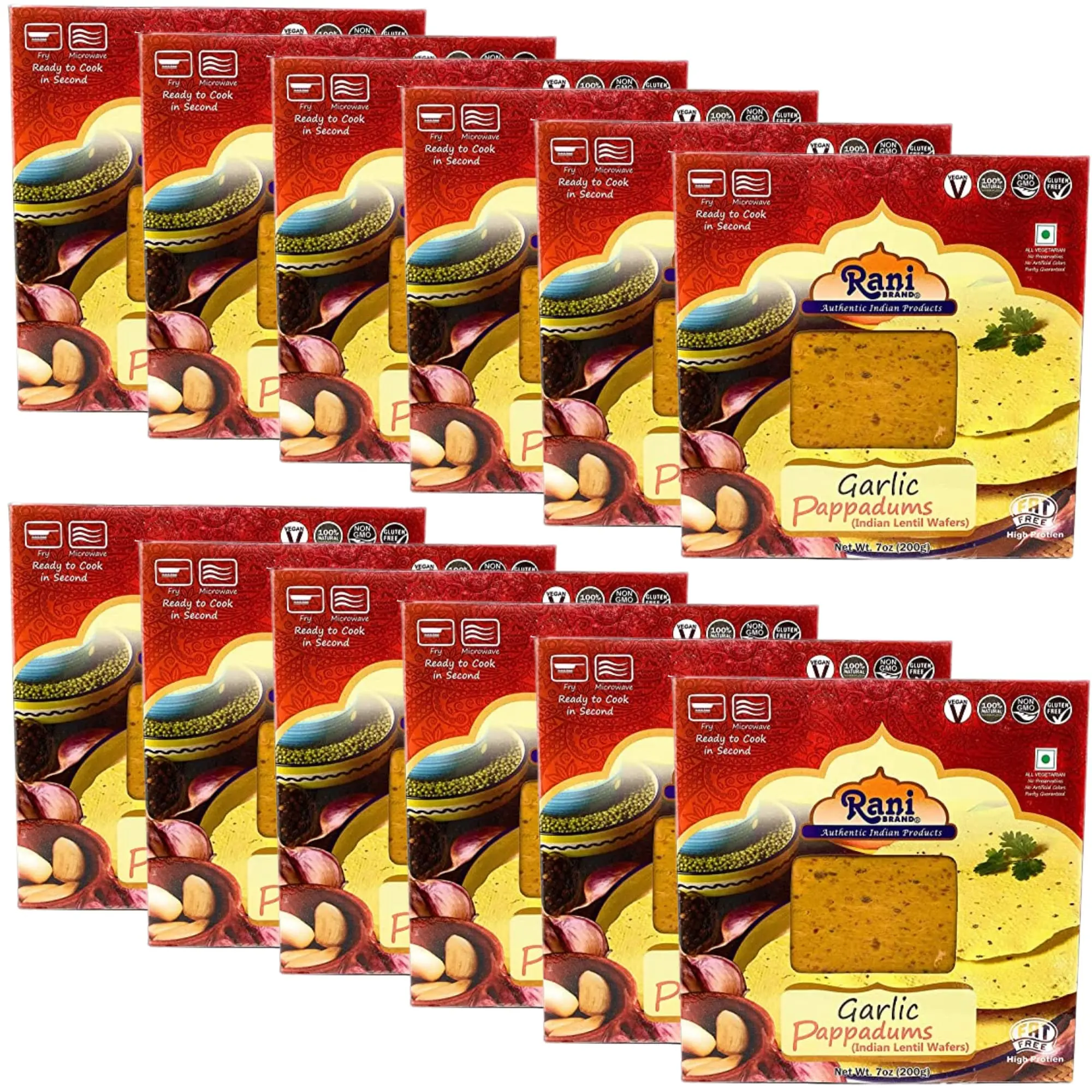 Rani Pappadums (Indian Lentil Wafer Snack) Garlic Papad 7oz (200g) Approximately 15pc, 7 inches, Pack of 12 ~ All Natural | Gluten Friendly | NON-GMO