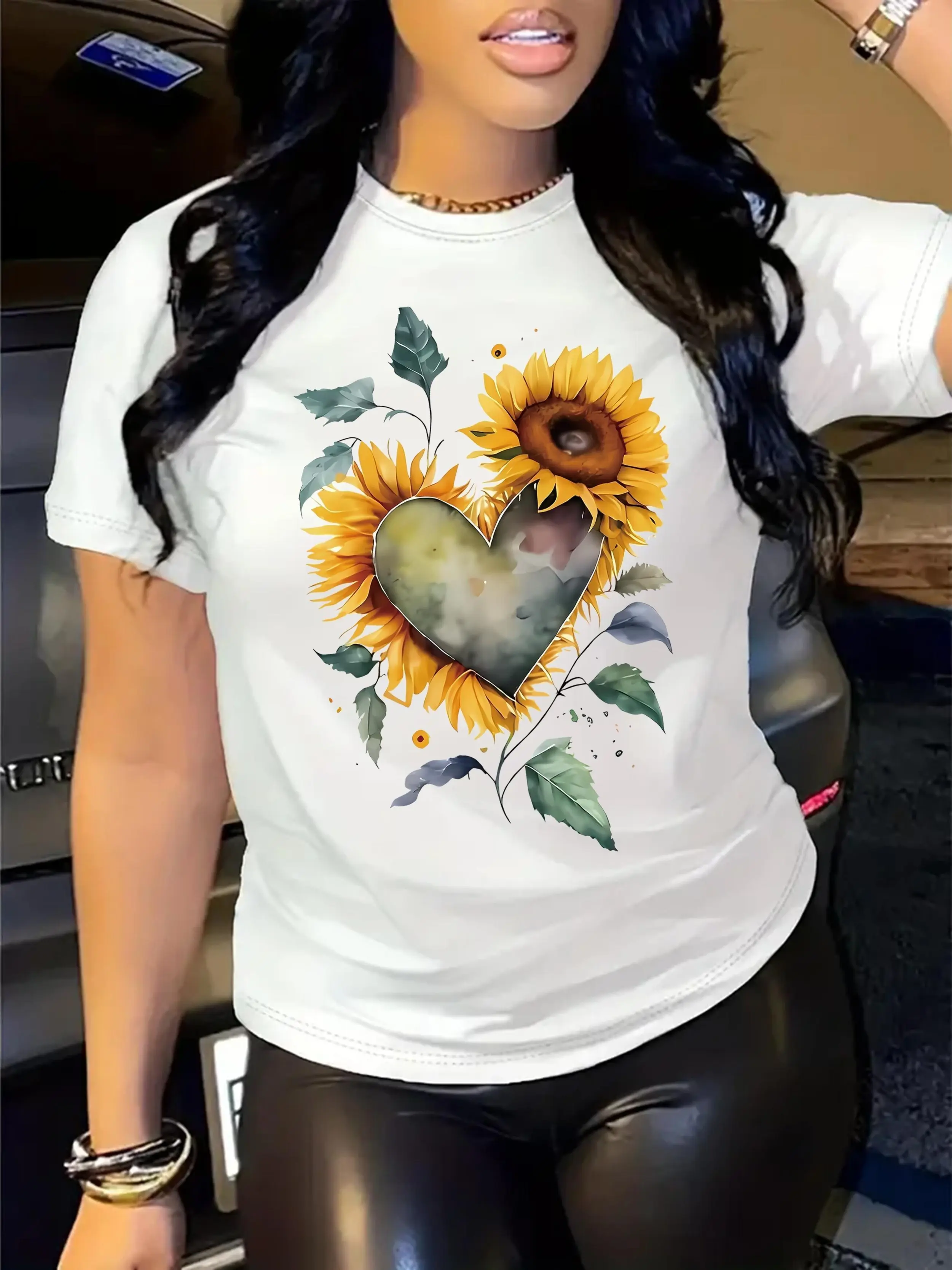Women's Aesthetic 100% Cotton Oversized Loose Fit Crew Neck Short Sleeve T-Shirt - Smooth, Ribbed, Watercolor Sunflower Floral, Comfortable Summer Streetwear, Machine Washable - Pair with Denim Skirts, Jersey Jackets