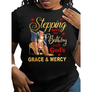 Plus Size - Women'S Plus Size "Stepping into My Birthday with God'S Grace & Mercy" Graphic Tee - Vibrant Golden & Black Design, Short Sleeve, Round Neck, Stretchy Polyester Blend for Casual Wear, Outdoor, Spring/Summer, Plus Size T Shirts