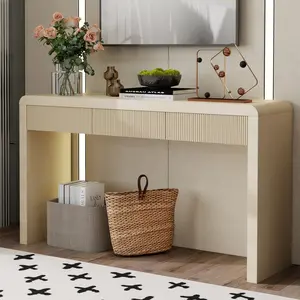 Rustic Console Table with 3 Fluted Drawers - Solid Wood Veneer Entryway Table Featuring Natural Wood Grain for Living Room, Hallway (Apricot)