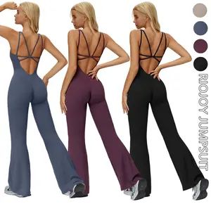RIOJOY Women's Solid Crisscross Jumpsuit with Bra Tummy Control One Piece Flares Bottoms Backless Bodysuit Workout Outfit Sleeveless Unitard Overalls Flared Sports Jumpsuit For Fitness Workout