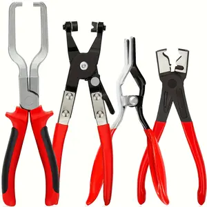 4-piece multifunctional professional hose clamp plier set, a tool set for disconnecting and disassembling fuel lines in car repairs, made with high-temperature hardening, sturdy and durable, suitable for car and truck maintenance, engine repairs, industri