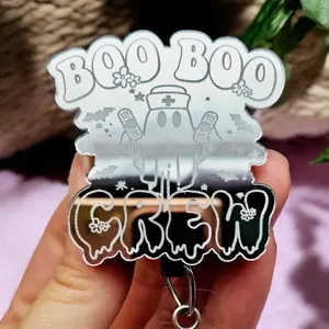 Silver Mirror Boo Boo Crew Badge Reel - Halloween Badge Reel - Nurse Badge Reel - Laser Engraved with smooth mirror finish