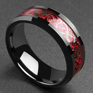 Classic Red Carbon Fiber Dragon Pattern Ring Men's Jewelry Metal Ring