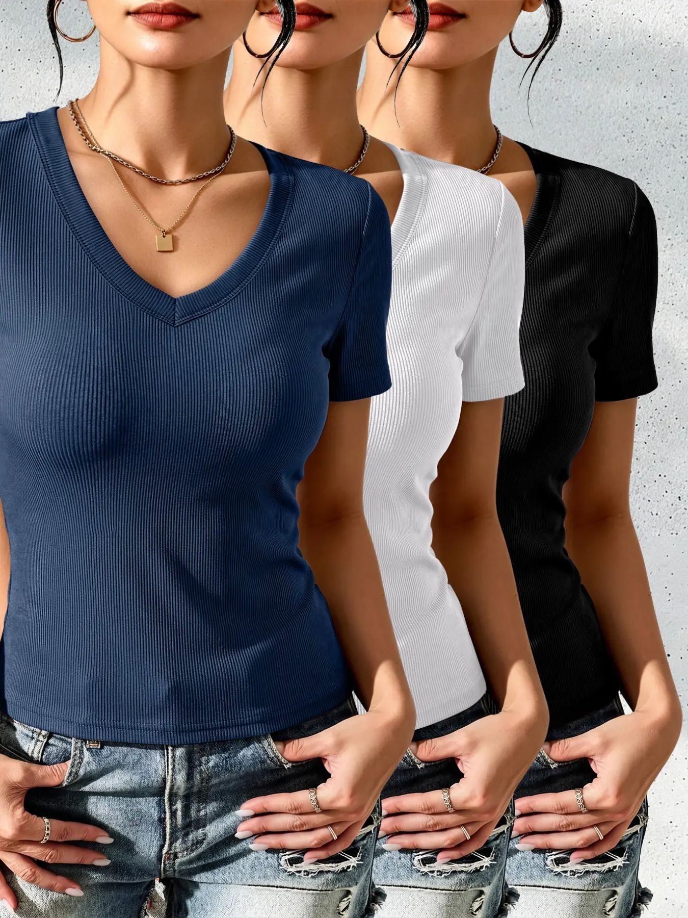 Women's Ribbed V-Neck Short Sleeve T-Shirt 3-Piece Set, Casual Fitted Top, All Seasons Wear, Solid Color, Plain Surface Design, Casual Tops