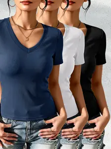 Women's Ribbed V-Neck Short Sleeve T-Shirt 3-Piece Set, Casual Fitted Top, All Seasons Wear, Solid Color, Plain Surface Design