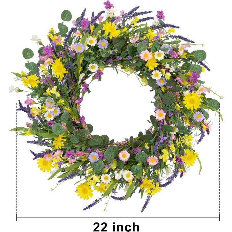 J'FLORU Spring Wreaths for Front Door 22 Inch Artificial Summer Wreath Daisy and Lavender Wreath with Wildflowers for Home Wall Farmhouse Springtime Easter Holiday Party