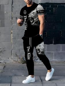 Men's Lion Print Sports Set - All year round polyester exercise equipment, with boat neck T-shirt and matching pants, regular style, slightly stretchy knit fabric, animal pattern sportswear 100% polyester fiber