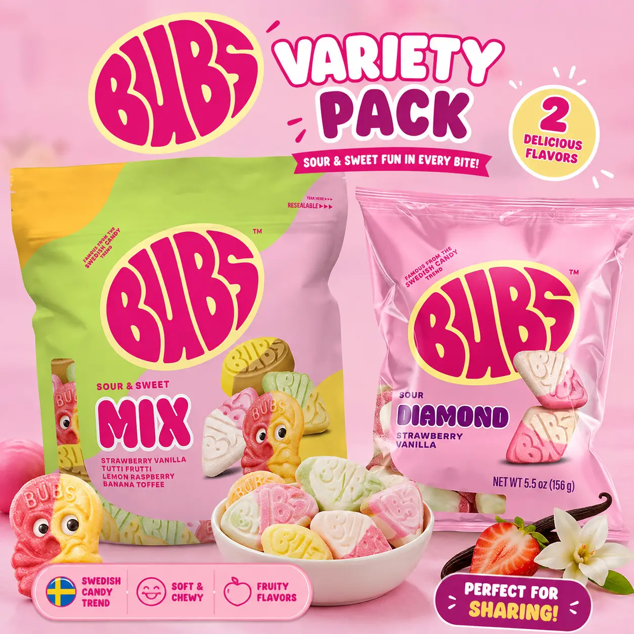 BUBS Swedish Soft Sour-Sweet Pick-and-Mix Gummy Candy Pouch -Variety Pack – Sour & Sweet Mix 10 oz + Strawberry Vanilla Strawberry Vanilla, Tutti Frutti, Lemon Raspberry, Banana Toffee Flavors - Vegan, Gluten-Free - 10 oz Trending Snacks for Candy Lovers