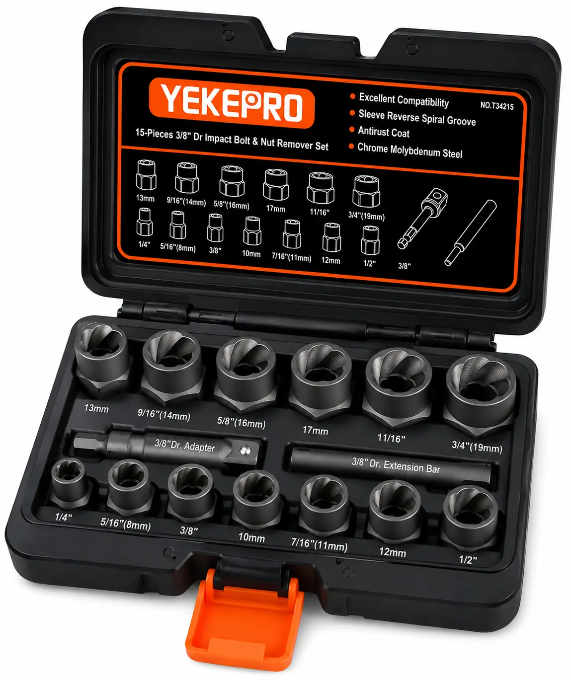 15 PCS Bolt Extractor Set, 3/8" Drive Impact Bolt & Nut Remover Socket Tool Kit, Stripped For Damaged, Frozen, Studs, Rusted, Rounded-Off Bolts, Nuts & Screws, Cr-Mo Steel, T38215
