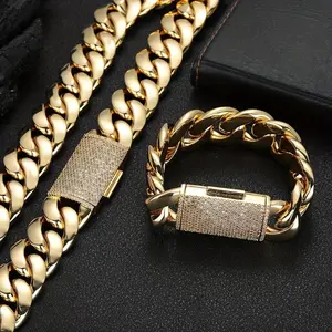 Miami Cuban link chain 2pcs Thick Hip Hop Jewelry Set Stainless Steel Men 14MM Cuban Link Chain Buckle Necklace Bracelet