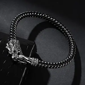 Punk Rock Men Jewelry Non-fading Steel Wire Rope Dragon Leather Bracelet Vintage Cuff Charm Bracelet Viking Jewelry
