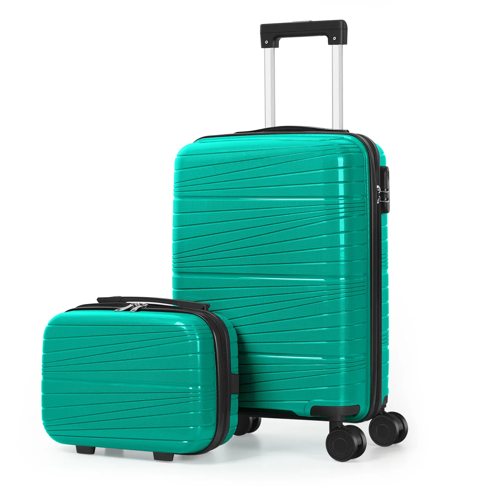 Teal Green 2-In-1 Airline-Approved Hardside Luggage Set - 20in PP Hard Shell Suitcase, 14in Cosmetic Case, Lightweight, Digital Code Lock, 360° Silent Spinner Wheels for Vacation & Business Travel