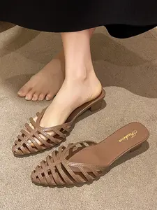 Women's Elegant Boho Heeled Mules, Pointed-Toe Open-Back Cutout Sandals with Cushioned Insole, Low-Heel Non-Slip Slippers for Vacation, Beach or Formal Wear