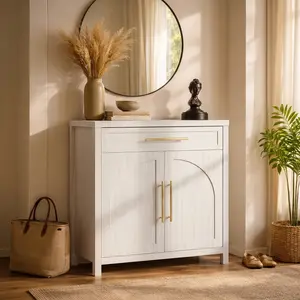ABCASA Mid-Century Modern Sideboard, 31.5" Small Buffet Cabinet with Arched Natural Wood Texture, 2-Door Accent Cabinet with Adjustable Shelves for Kitchen, Living Room