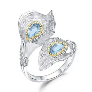 1.25C Natural Swiss Blue Topaz Calla lily Leaf Rings 925 Sterling Silver Handmade Adjustable Ring for Women Bijoux
