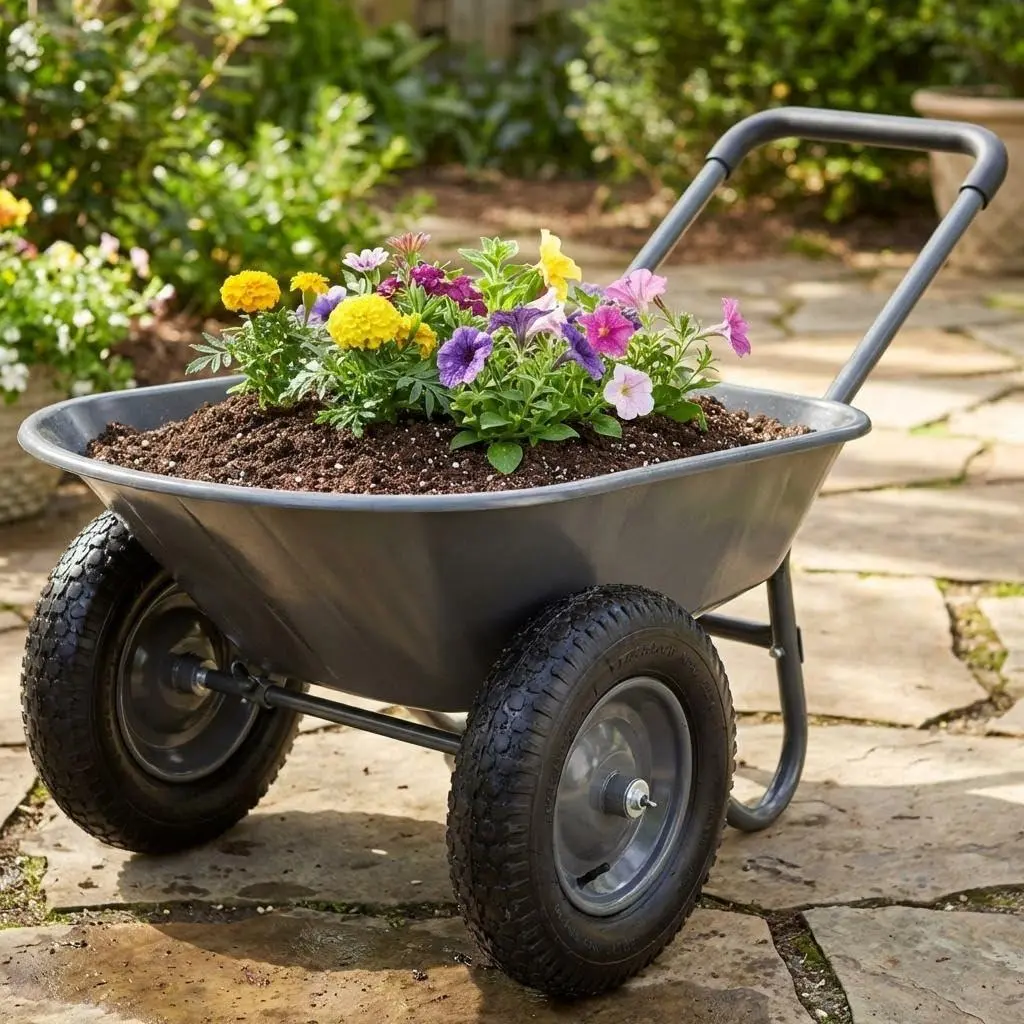 GARVEE Grey Wheelbarrow Garden Cart, Heavy Duty Home Utility, Dual-Wheel Home Garden Yard Utility Wheelbarrow Cart with Built-in Stand