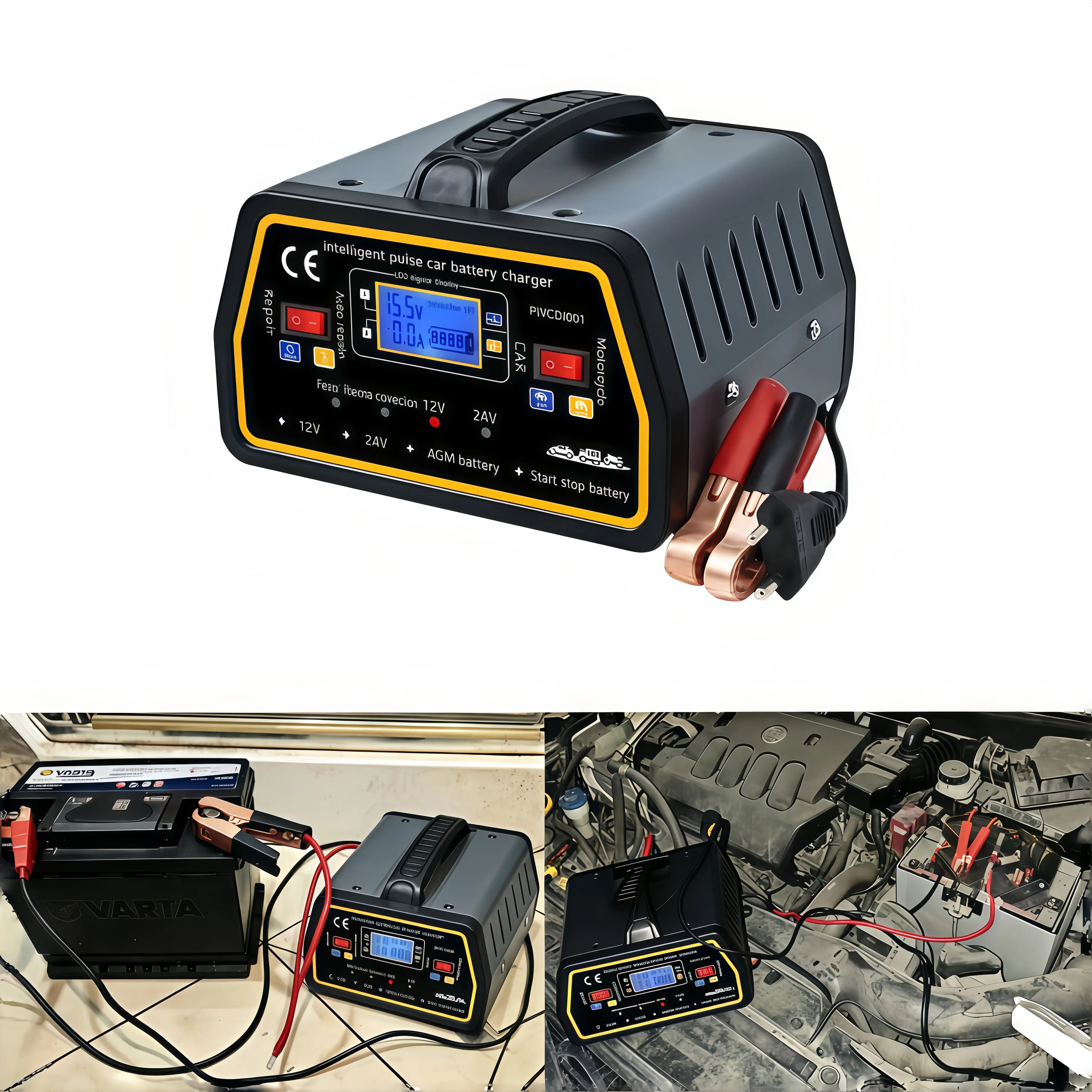 Smart Vehicle Battery Charger 12V/24V, Automatic Trickle Maintainer Pulse Desulfator Battery Repairer for Car Motorcycle RV Boat AGM Lithium Lead Acid Batteries ergonomic grip