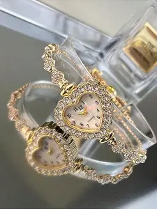 Women's Elegant Heart Shaped Bracelet Watch, Fashion Rhinestone Decor Analog Quartz Watch Set, Trendy Exquisite Watch Set As Gift, Jewelry Bracelet Watch