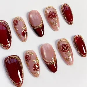 Burgundy Nails/Sparkle Press on nails long almond nails/Dark Red Cat Eye Nails/Red Rose Nails/3D Gold Chrome Nails/Bling Nails/Custom Nails